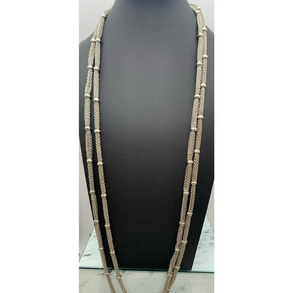 Silver Tone Double Layered Mesh Chain Mail Ball Bead Station Necklace - Picture 5 of 6